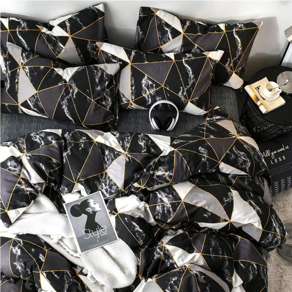 Clothknow Black Marble Comforter Set Full Geometric Bedding Comforter Men Boys Bed Comforter White Grey Triangle Bedding Comforter 3Pcs Black Comforter Sets Full Size