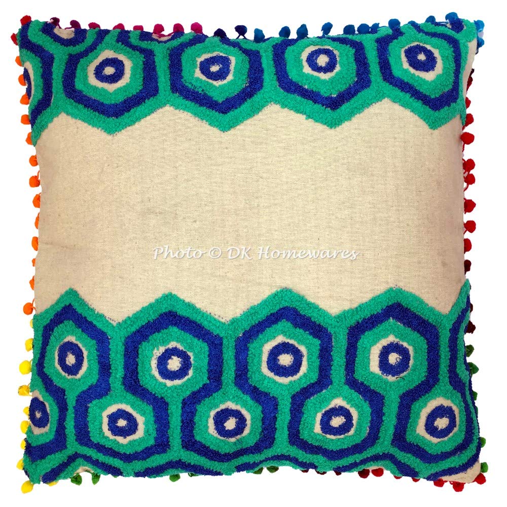 Dk Homewares Cotton Decorative Embroidered Sofa Cushion Covers 16Inch X 16Inch Geometrical Suzani Green Blue Home Decor Pom Pom