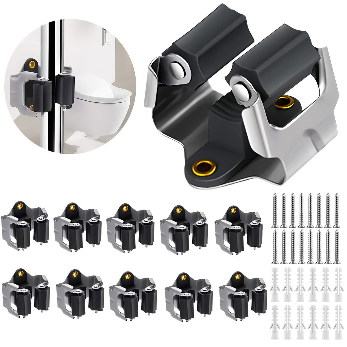 3-H Mop And Broom Holder, Broom Hanger 10 Pack, Broom Holder Wall Mount For Hanging And Organizing Shovel,Rake,Brush,Yard Tools In Kitchen,Laundry Room,Bathroom,House(Black)