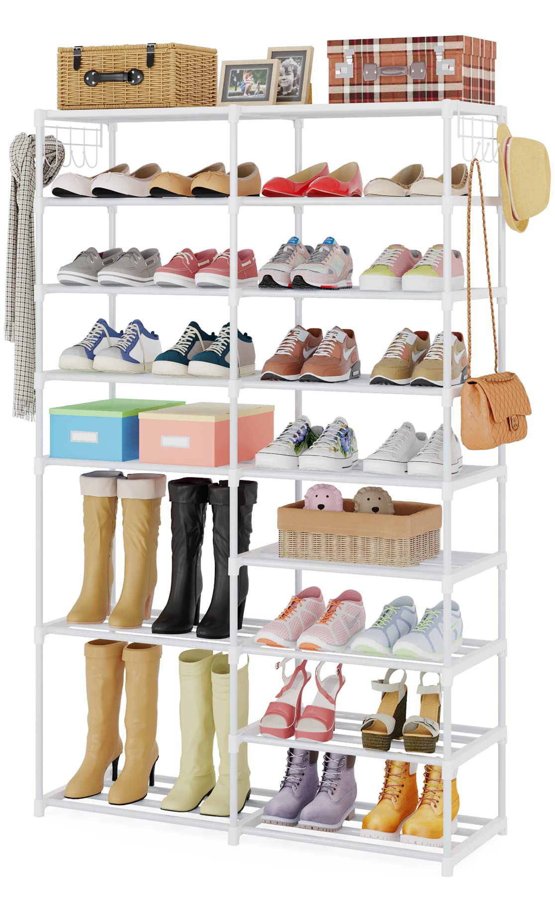 Tribesigns 3240 Pairs Shoe Storage Shelf, 9 Tiers Stackable Shoe Tower/Rack/Stand For Closet, Boot Organizer With 2 Hooks,