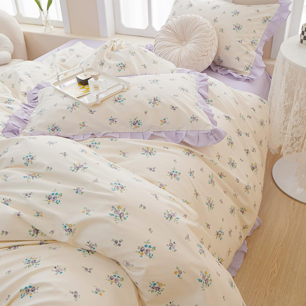 Lace Floral Duvet Cover Twin Cotton Purple Flower Duvet Cover 3 Pieces Girls Floral Comforter Cover Garden Style Princess Beddin