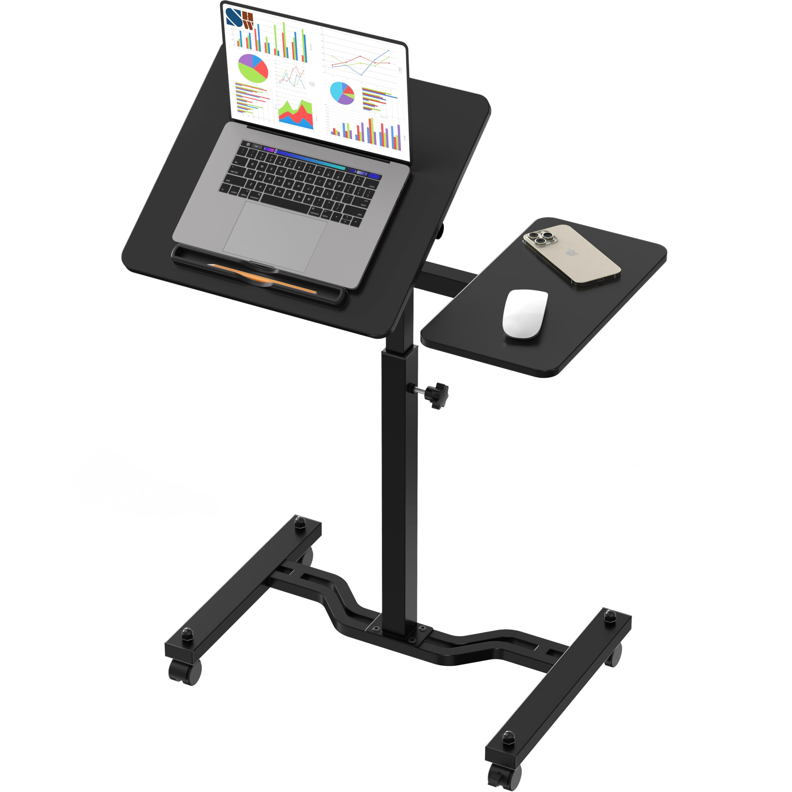 Shw Tim Rolling Adjustable Laptop Cart With Tilting Desktop And Side Shelf, Black