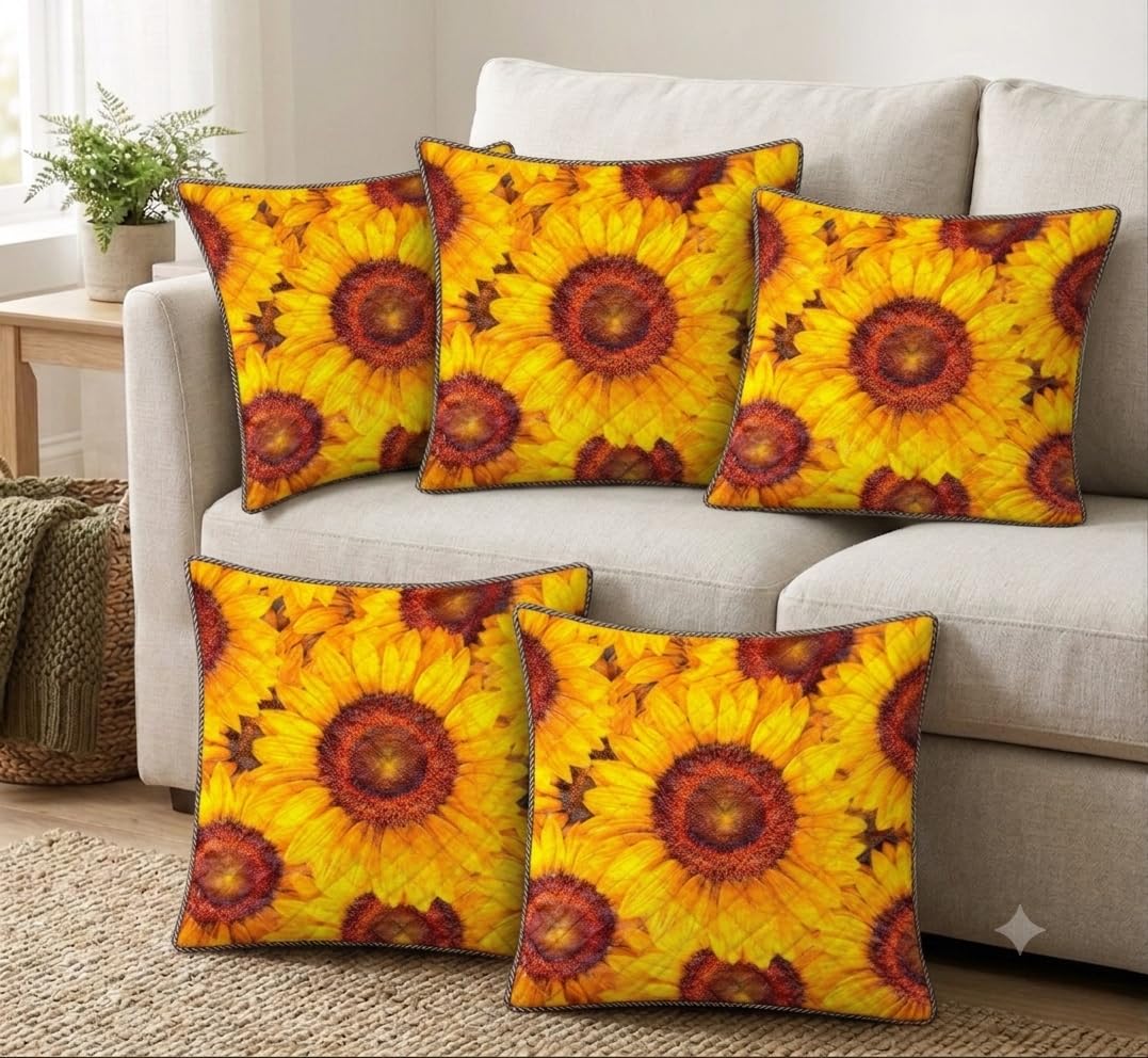 Balley Sunflower Printed Cushion Covers Pack Of 5, 16X16 Inch