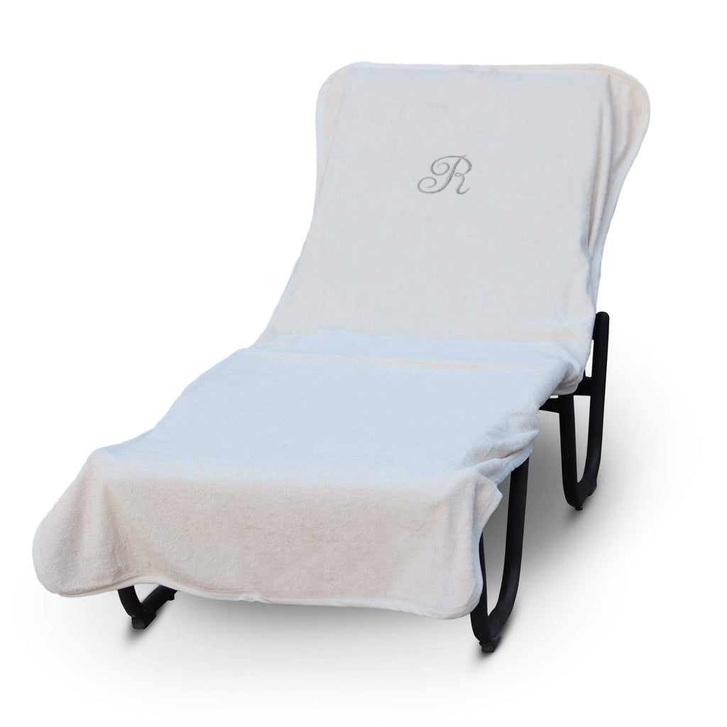 Luxury Hotel & Spa Monogrammed Pool Chaise Lounge Cover, Silver Embroidered - Extra Absorbent 100% Turkish Cotton- Soft Terry - Hotel-Style, Standard Size 90' X 29' - Script R White