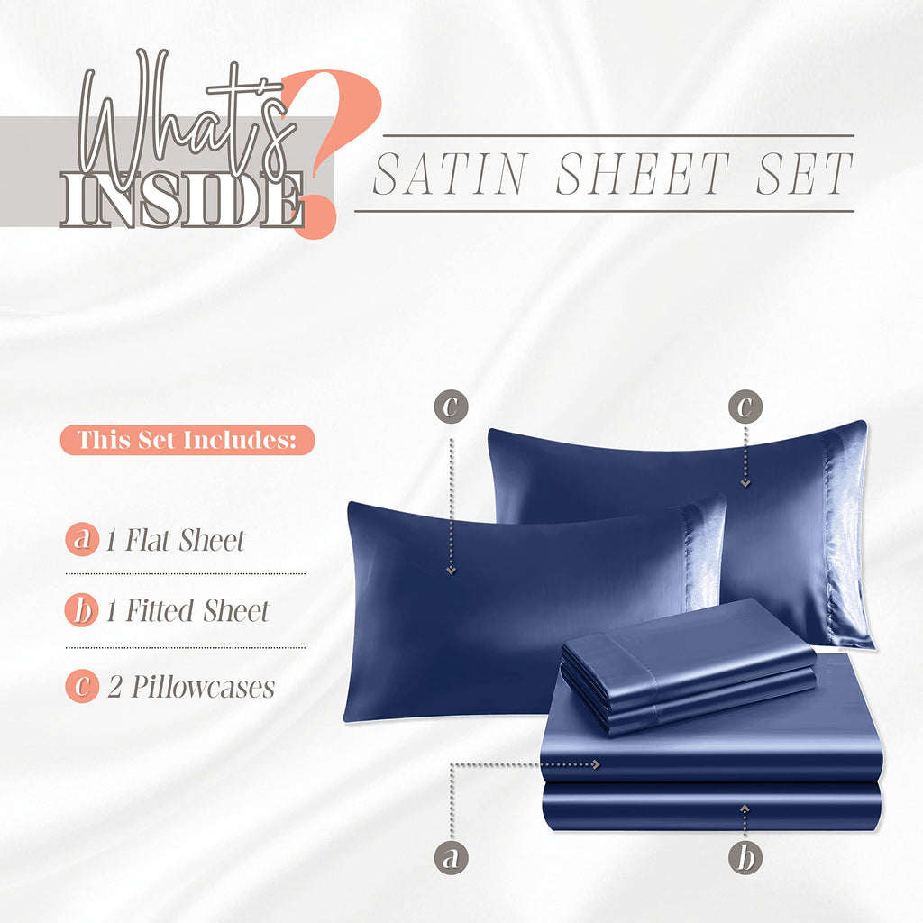 Elegant Comfort Luxurious 4-Piece Silky Satin Sheet Set, Skin And Hair Friendly, Wrinkle, Fade, Stain Resistant With Deep Pockets Fitted Sheet, Cooling Soft Satin Sheet Set, King, Navy Blue