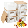 LYHLYA Stackable Storage Bins with Bamboo Lids, 6-Pack, BPA-Free Plastic, 5.1 Qt Capacity, Side Handle, 10x7.2x4.13 Inch, for Ho