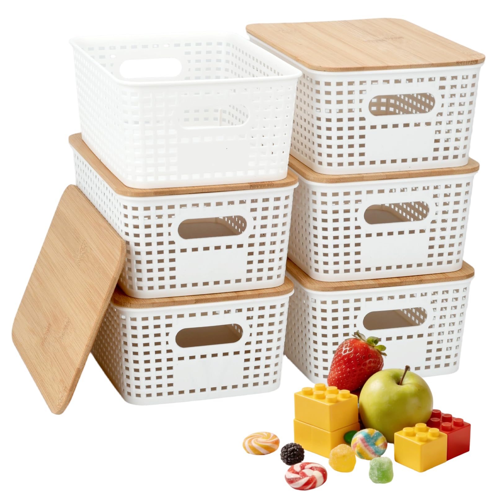 LYHLYA Stackable Storage Bins with Bamboo Lids, 6-Pack, BPA-Free Plastic, 5.1 Qt Capacity, Side Handle, 10x7.2x4.13 Inch, for Ho