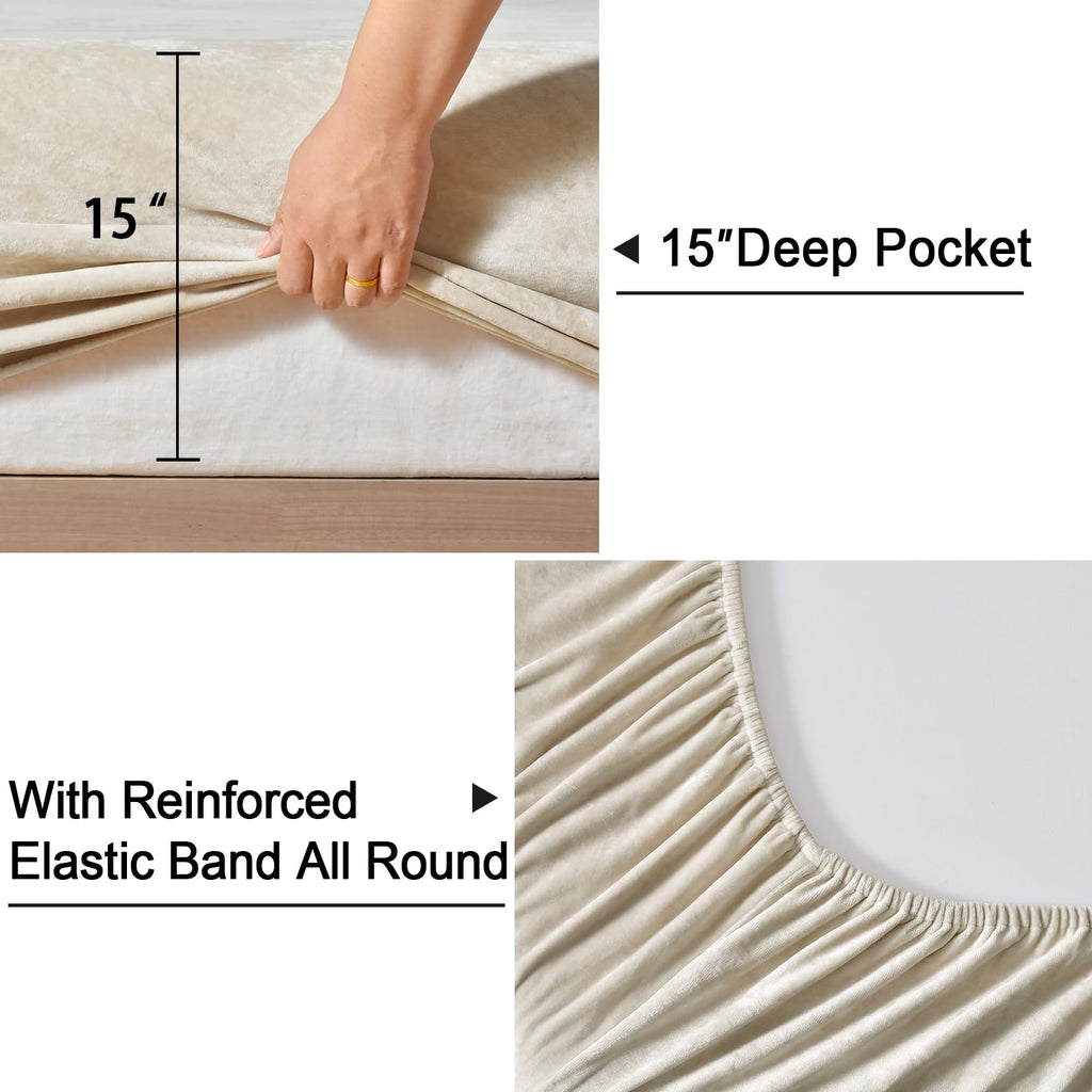 Phf Truly Velvet Fitted Sheet Only Queen Size, Luxury Super Soft Cozy Comfy Fleece Bottom With 15' Deep Pocket, Suitable For Fall Winter And Spring, No Pillowcases, Sand