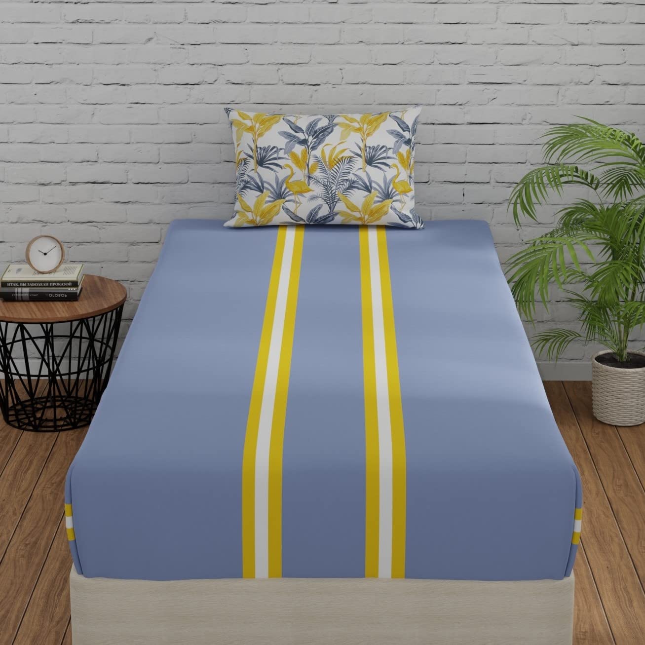 Huesland By Ahmedabad Cotton 144 Tc Cotton Bed Sheet Single Bed With Pillow Cover | Stripes & Flamingos Grey & Yellow