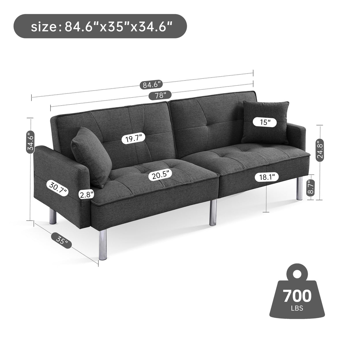 American Furniture Classics Dark Grey Tufted Futon Convertible Sofa Sleeper with Two Throw Pillows Velvet, 85" x 35" x 35"