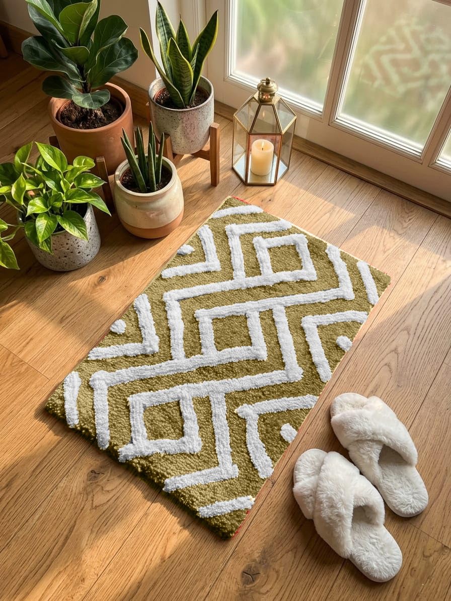 AaHo Decor 2200 Microfiber Bath Mat, Geometric Pattern, Machine Washable, NonSlip Bathroom Rug Morden 40 x 60 cm (Baige)