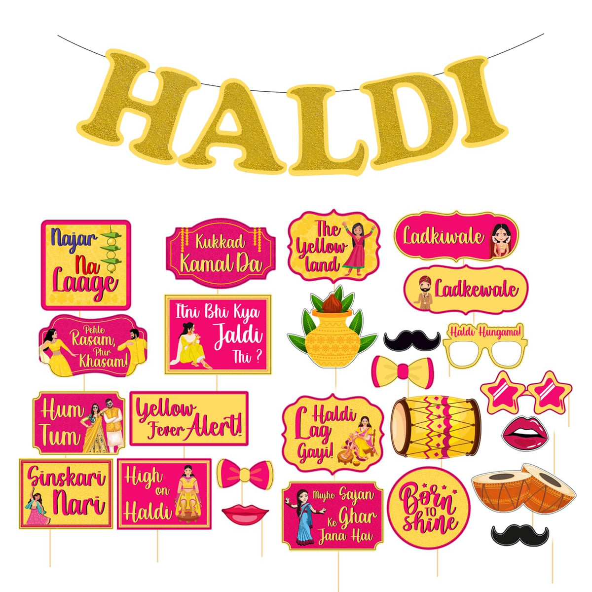 Party Propz Haldi Props and Haldi Banner for Decoration  26Pc Haldi Decoration Items for Home, Haldi Props for Bride and Family