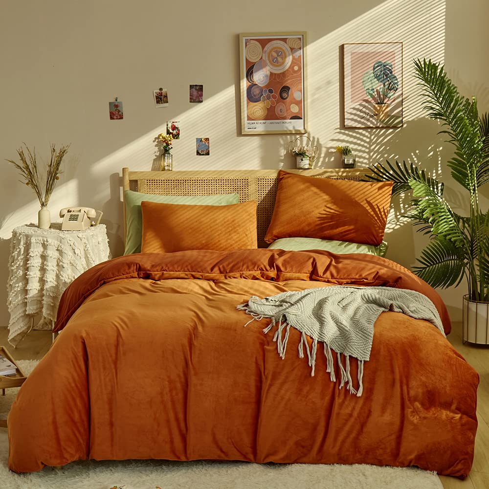 Clothknow Burnt Orange Fluffy Twin Comforter Set 3Pcs Orange Velvet Bedding Comforter Sets Terracotta Comforter Soft Caramel Com