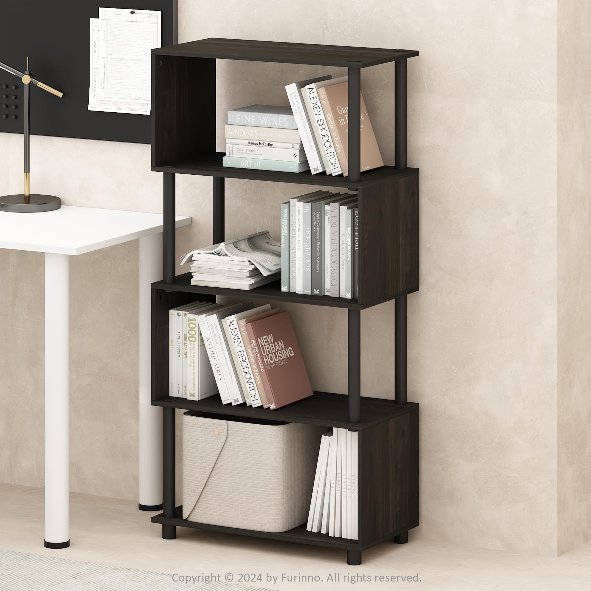 Furinno Reed 5-Tier S-Shaped Bookcase, Bookshelf, Espresso