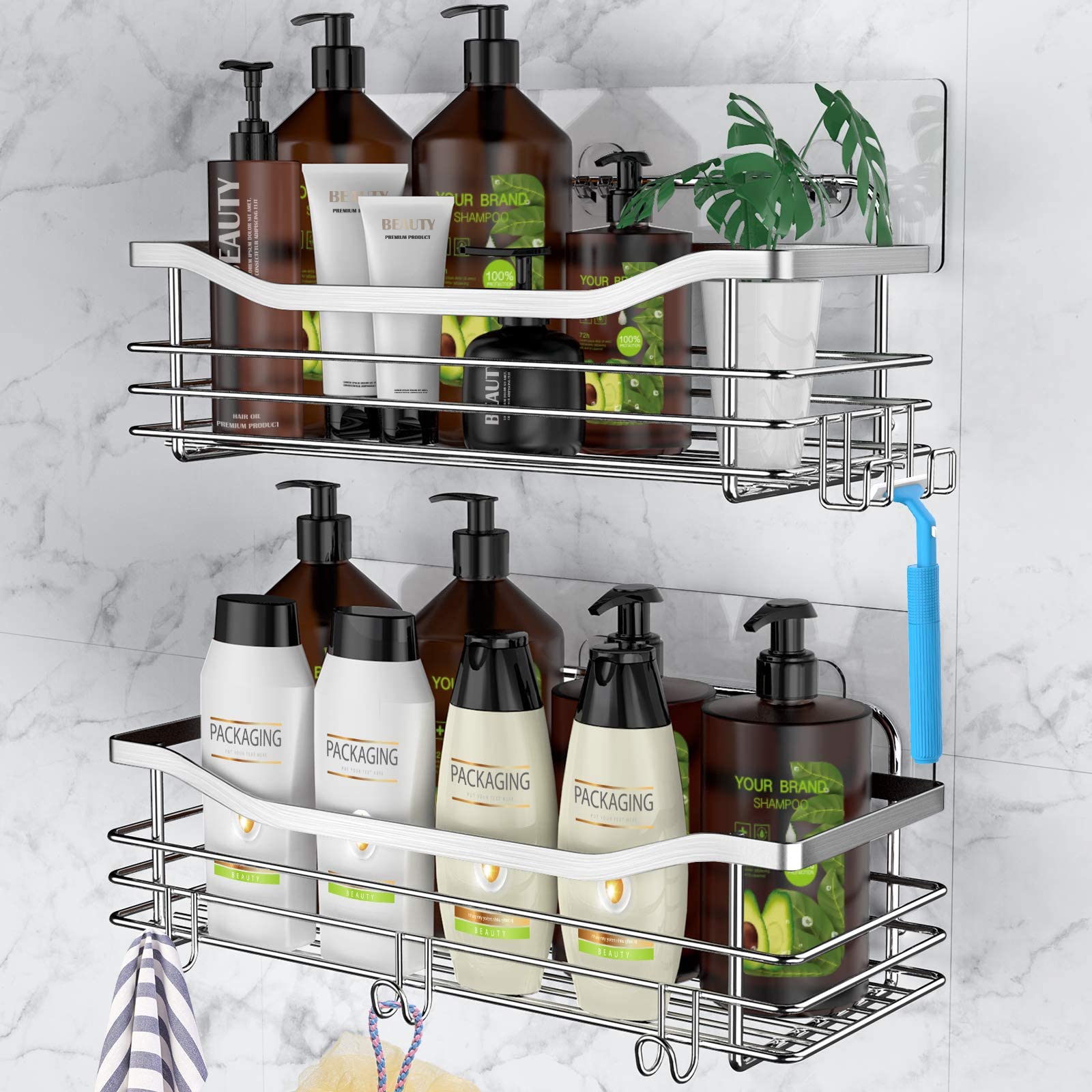 Orimade Shower Caddy Basket Shelf with 5 Hooks Adhesive Organizer Storage Rack Rustproof Wall Mounted Stainless Steel No Drillin