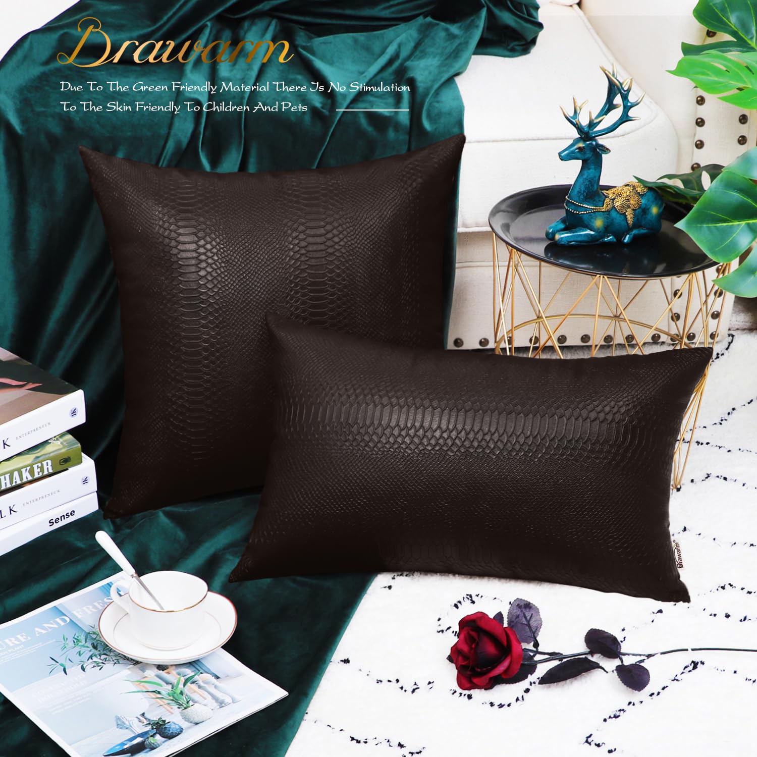 Brawarm Brown Leather Throw Pillows 12 X 20 Inches, Snake Leather Pillow Covers Pack Of 2, Faux Leather Decorative Lumbar Pillow