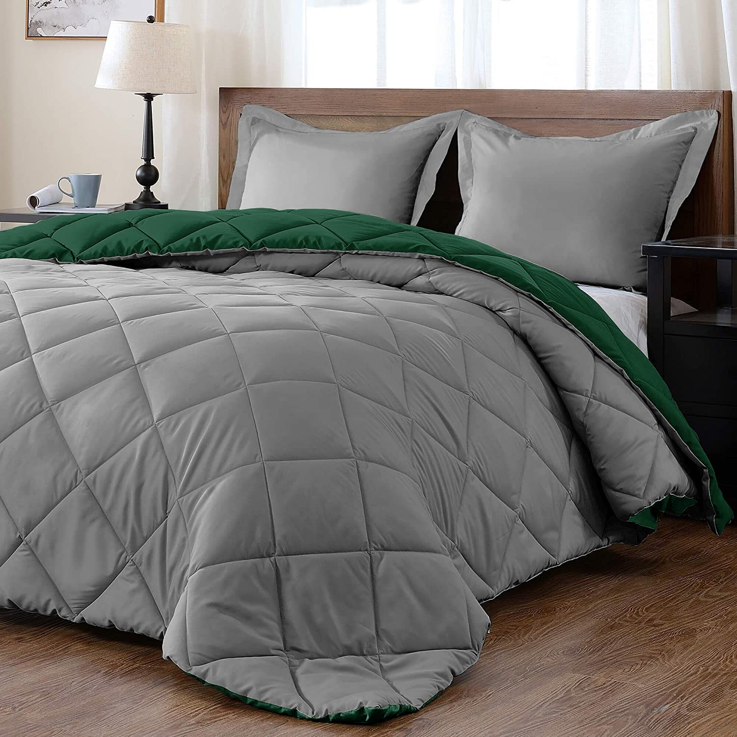 Downluxe Queen Comforter Set - Dark Green And Grey Queen Comforter, Soft Bedding Sets For All Seasons -3 Pieces - 1 Comforter (8