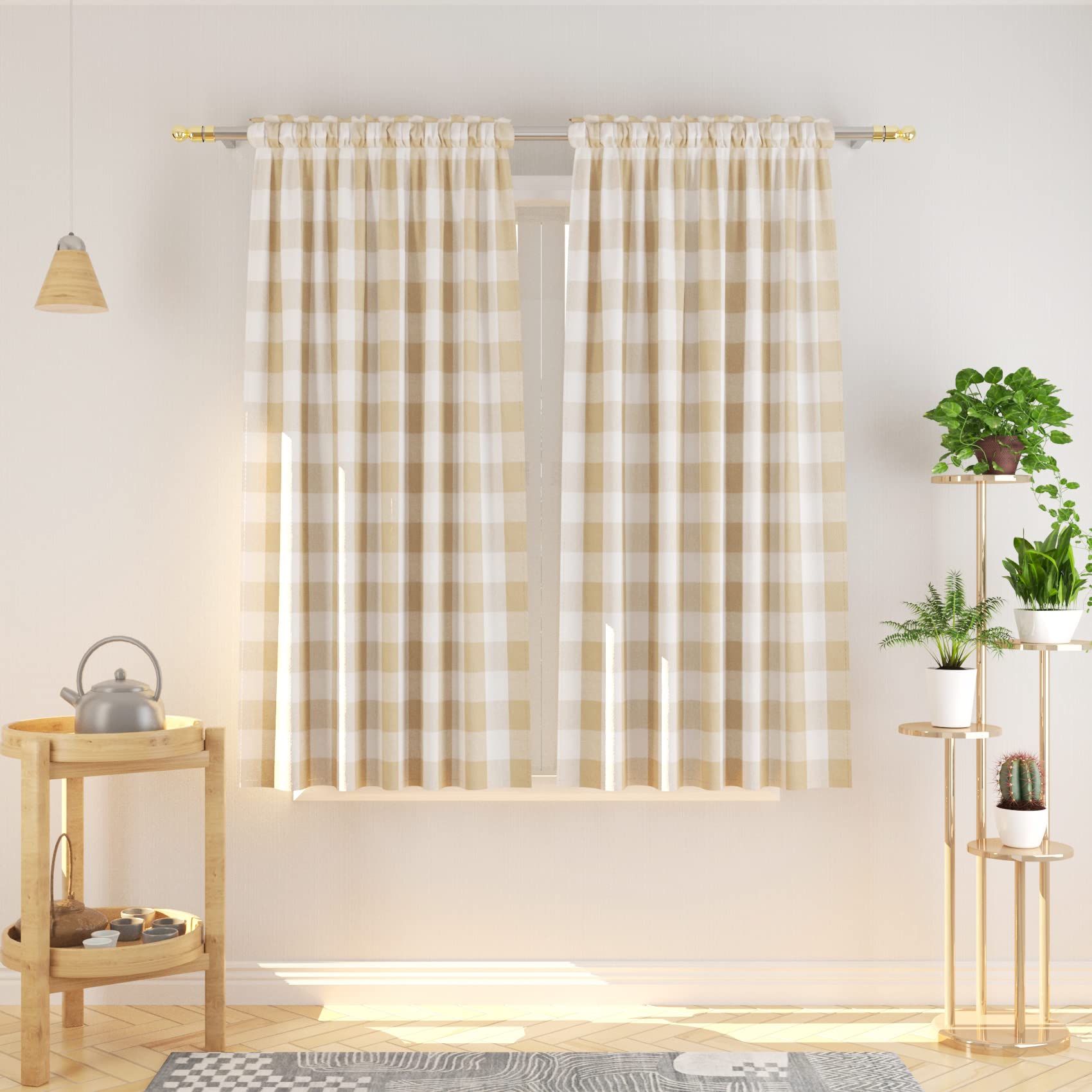 Natus Weaver Buffalo Check Curtains 54 Inches Long Cotton Basement Beige And White Gingham Plaid Kitchen Window Panels Living Ro