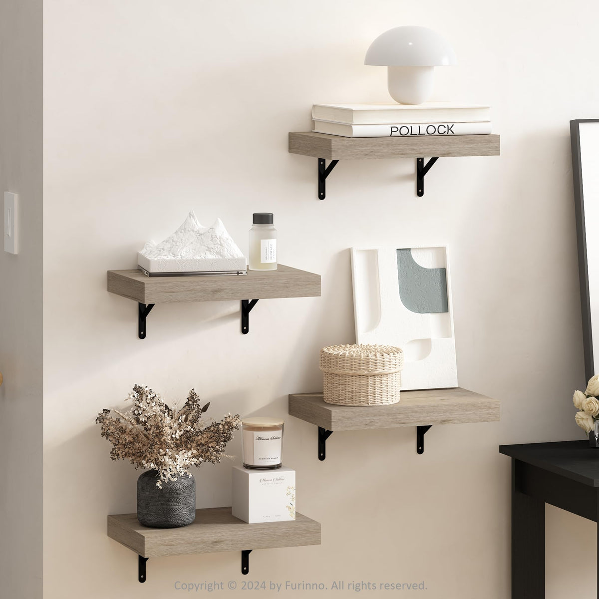 Furinno Tanna 15-Inch Wall Mounted Floating Display Shelves, Natural, Set of 4