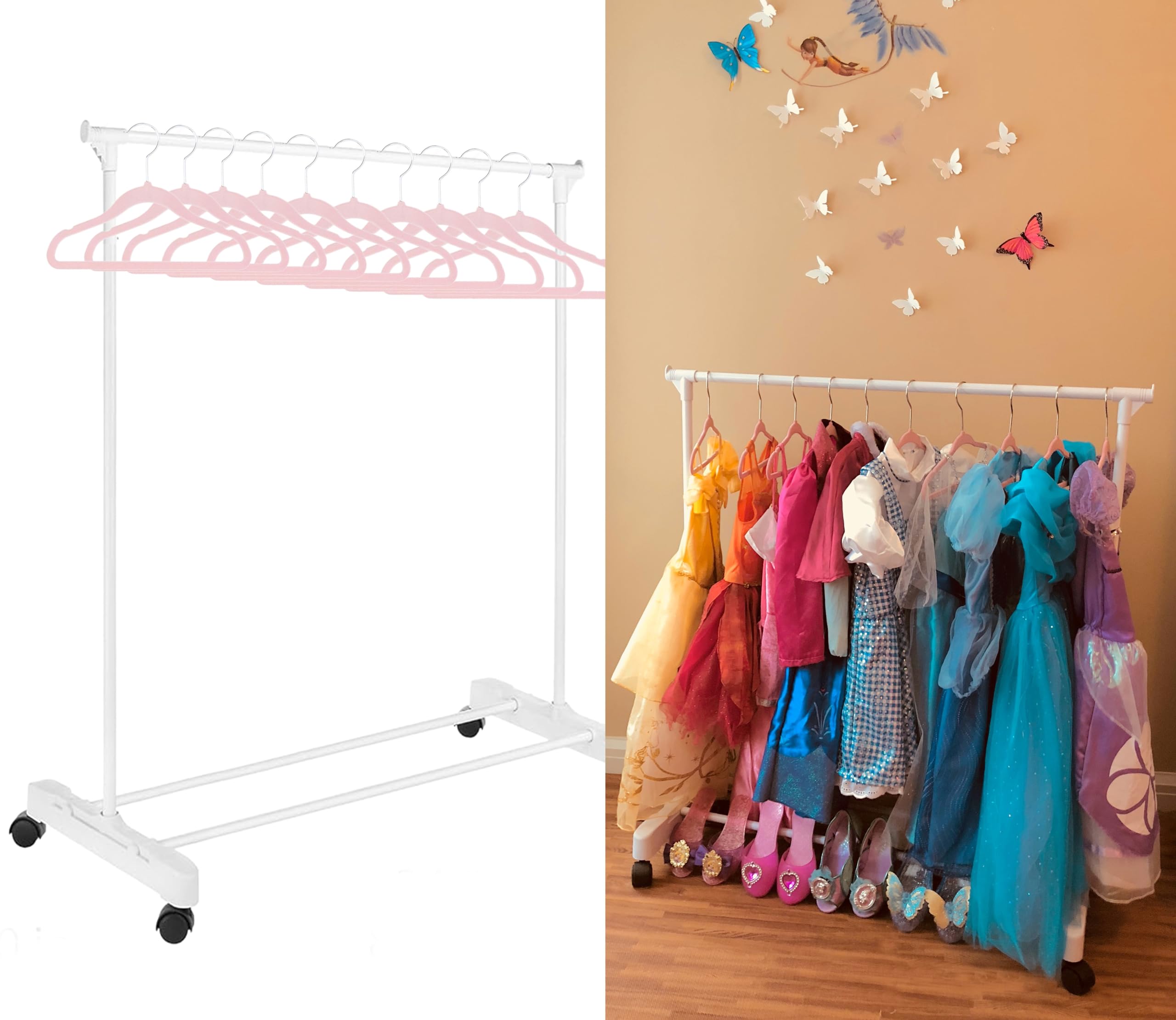 Boottique Child Garment Rack- Kids Closet Organizer- with Childrens Velvet Hangers (White Rack with 10 Pink Hangers)
