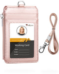 Teskyer Badge Holder With Side Zip Pocket, Multiple Card Slots Leather Id Holder Wallet With Neck Lanyard For Office Staffs, Tea