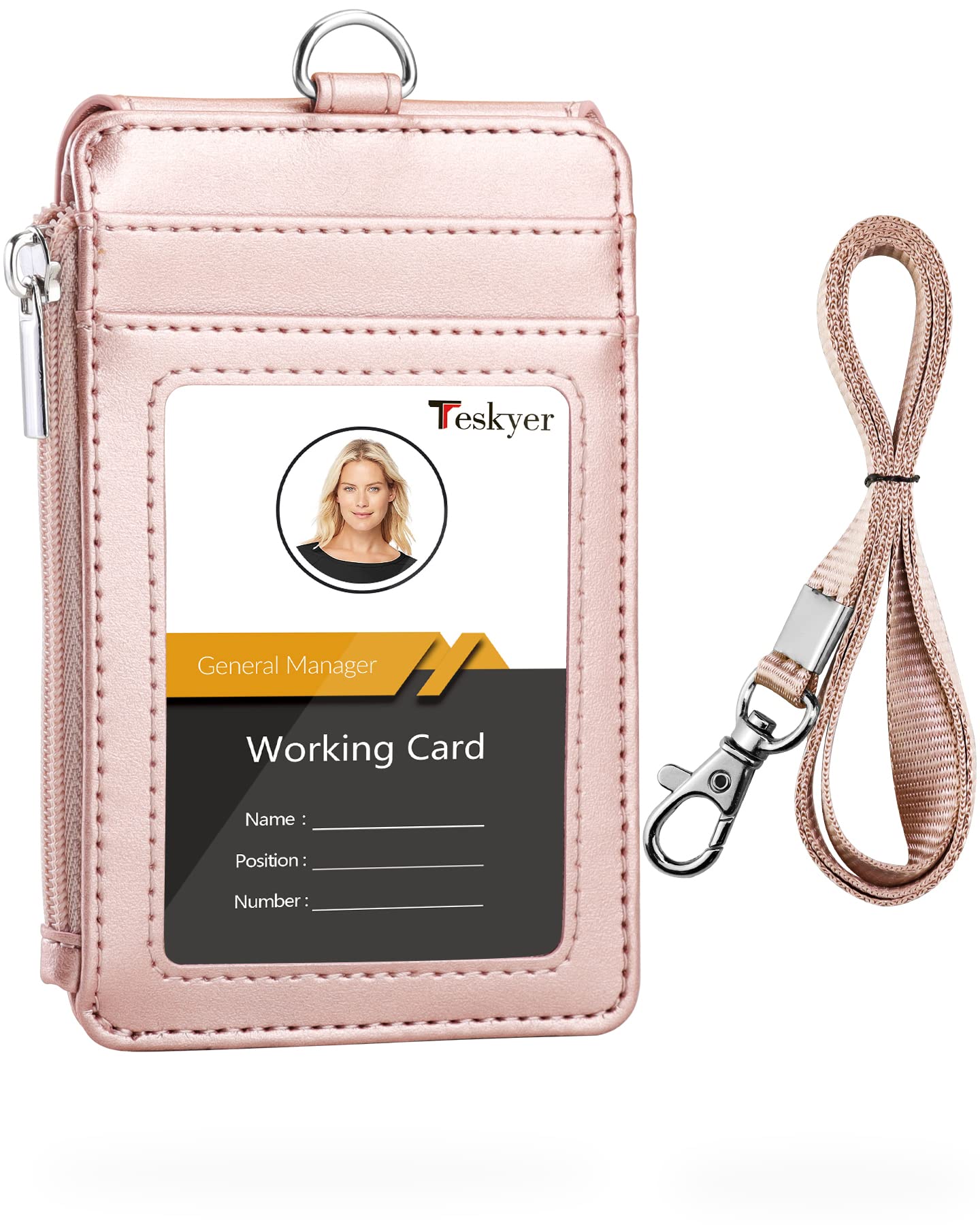 Teskyer Badge Holder With Side Zip Pocket, Multiple Card Slots Leather Id Holder Wallet With Neck Lanyard For Office Staffs, Tea