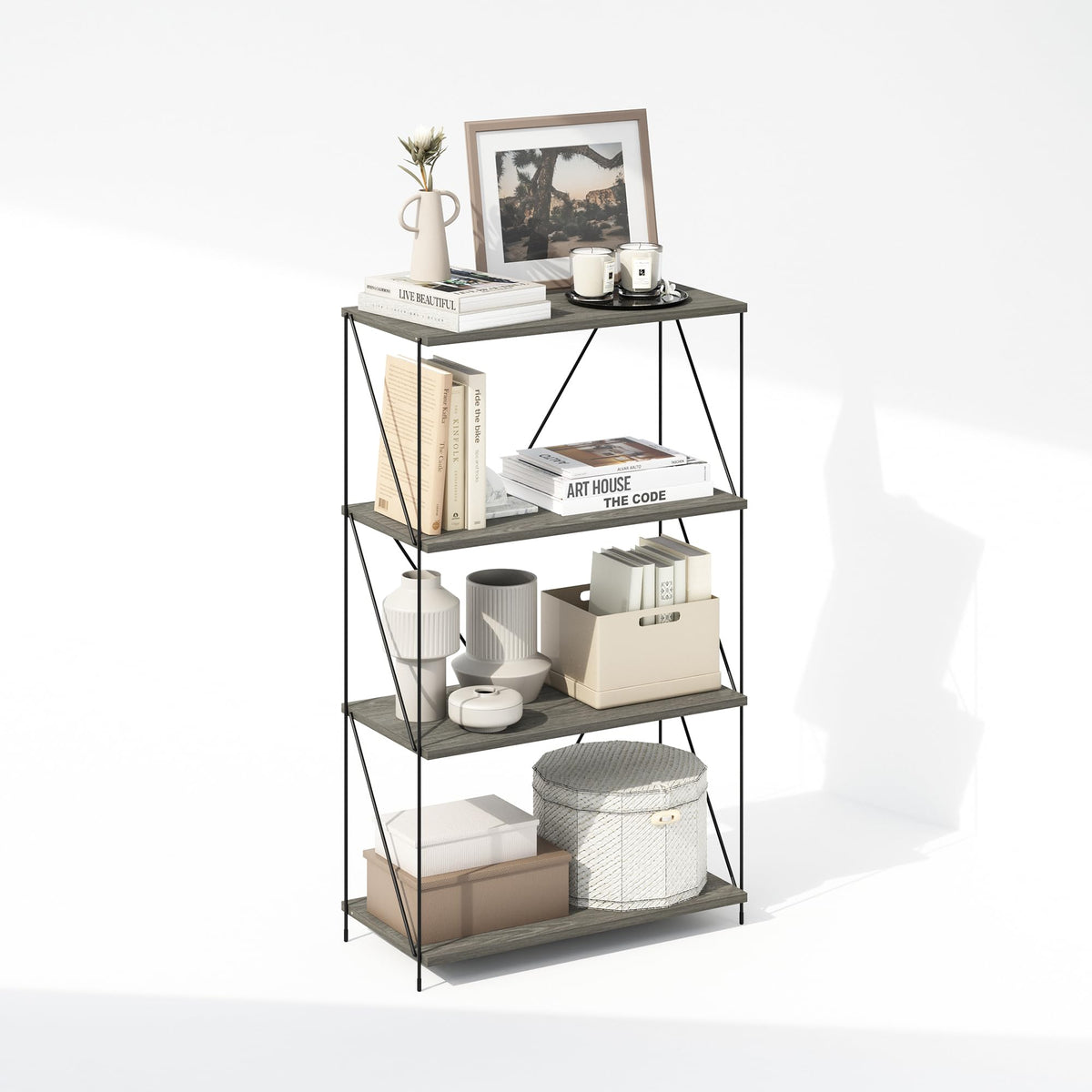 Furinno Wire 4-Tier Industrial Style Metal Frame Bookcase, Display Shelf, 24 Wide, Finn Oak