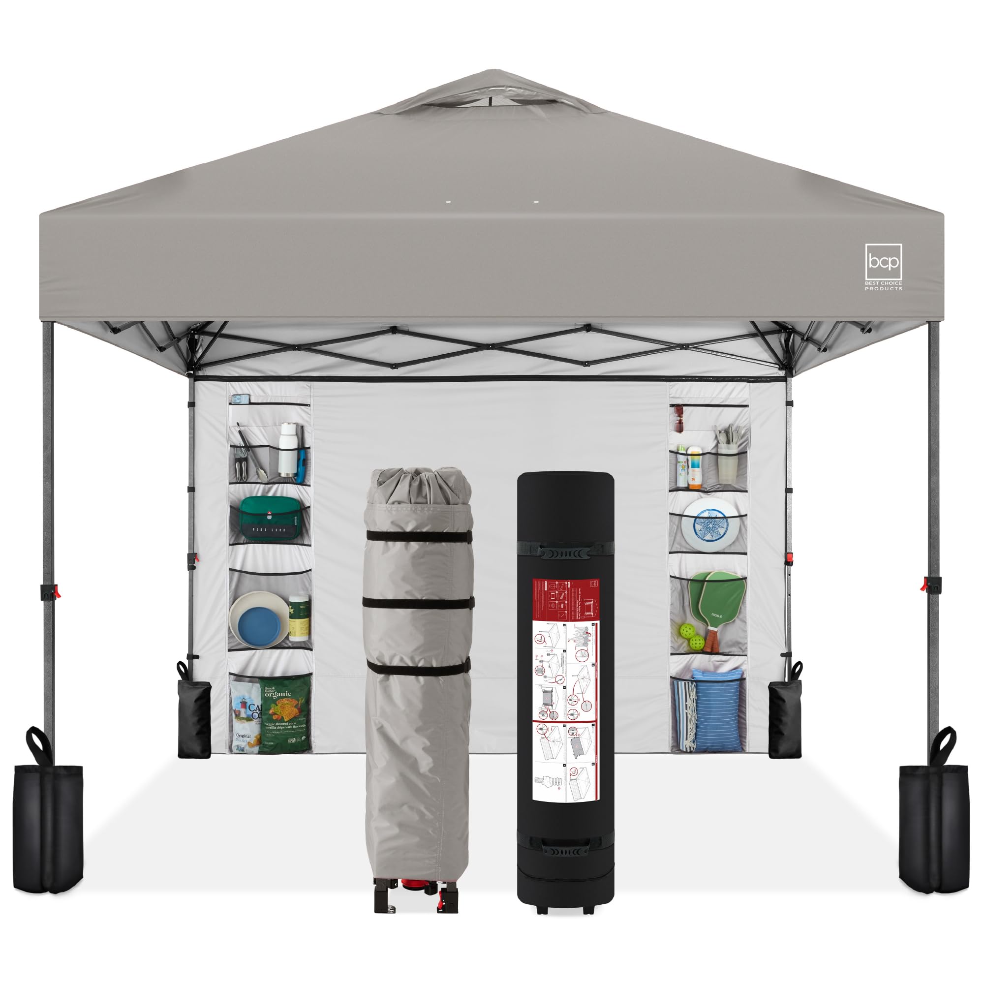 Best Choice Products 10X10Ft Easy Pop Up Canopy W/Side Wall, 10 Pockets, Portable Carrying Case, 1-Button Setup, 4 Weight Bags - Light Gray