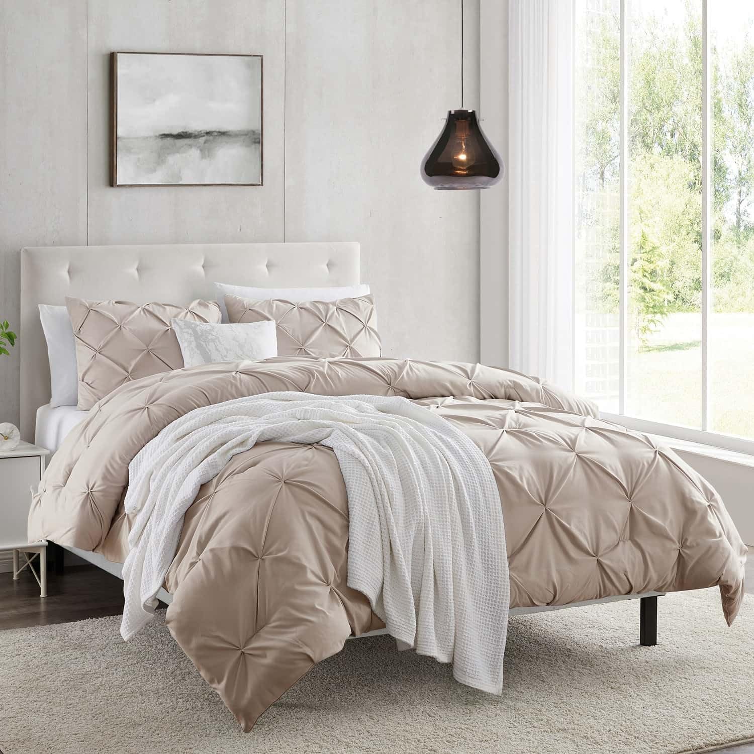 Nestl Taupe Duvet Cover Full Size - Pintuck Full Size Duvet Cover Set, 3 Piece Double Brushed Duvet Cover With Button Closure, 1
