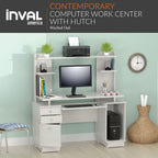 Inval America Work Center - Washed Oak, 53.5"H x 48.62"W x 19.5"D, with Hutch & Pull-Out Keyboard Tray