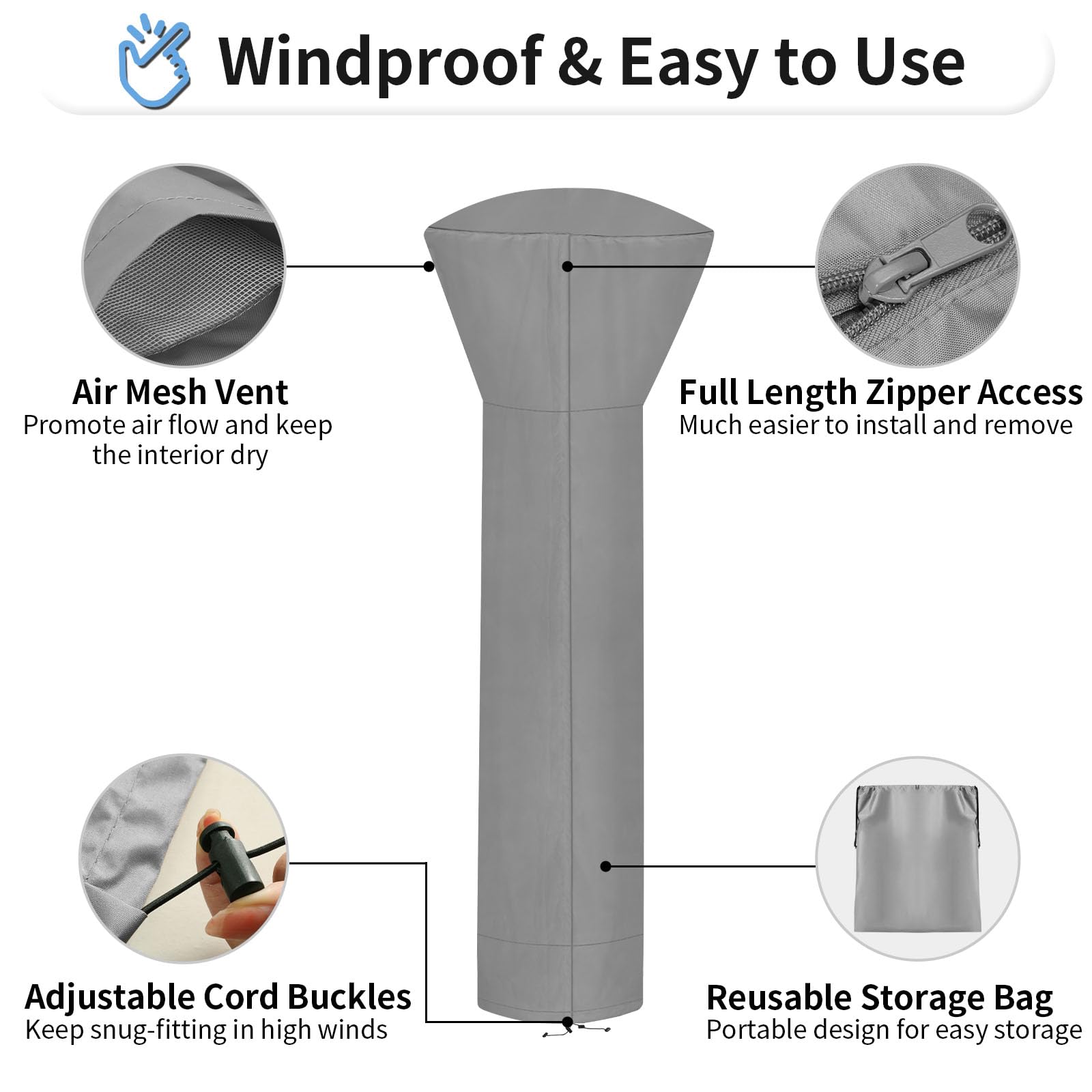 Outdoorlines Waterproof Outdoor Patio Heater Covers With Zipper And Storage Bag, Dust-Proof Uv-Resistant Windproof Propane Heavy Duty Heater Cover For Standing Heater, 1 Pack-89Hx33Dx19B Inch Grey