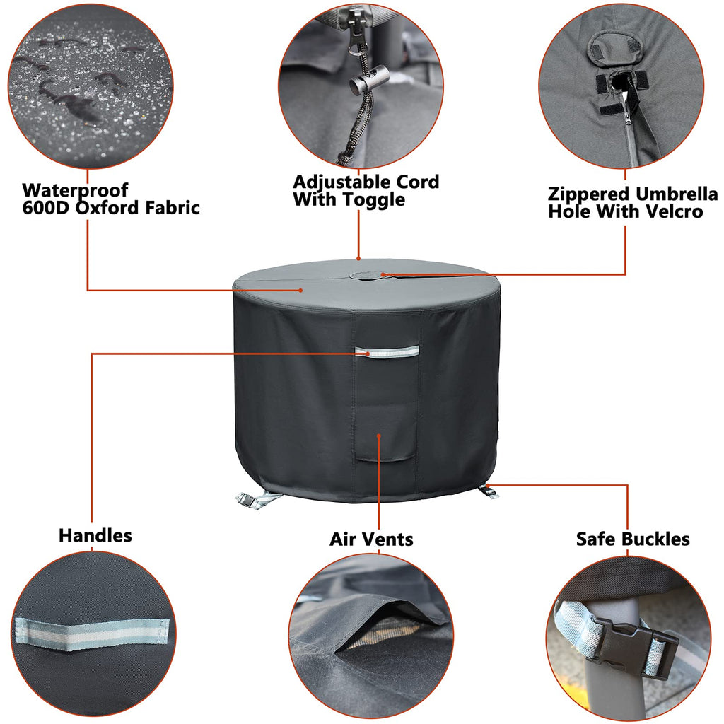 TOHONFOO Round Patio Table Cover, Heavy Duty Waterproof 600D Oxford, 36"DIA x 23"H, Black, with Umbrella Hole, Model PTC36R