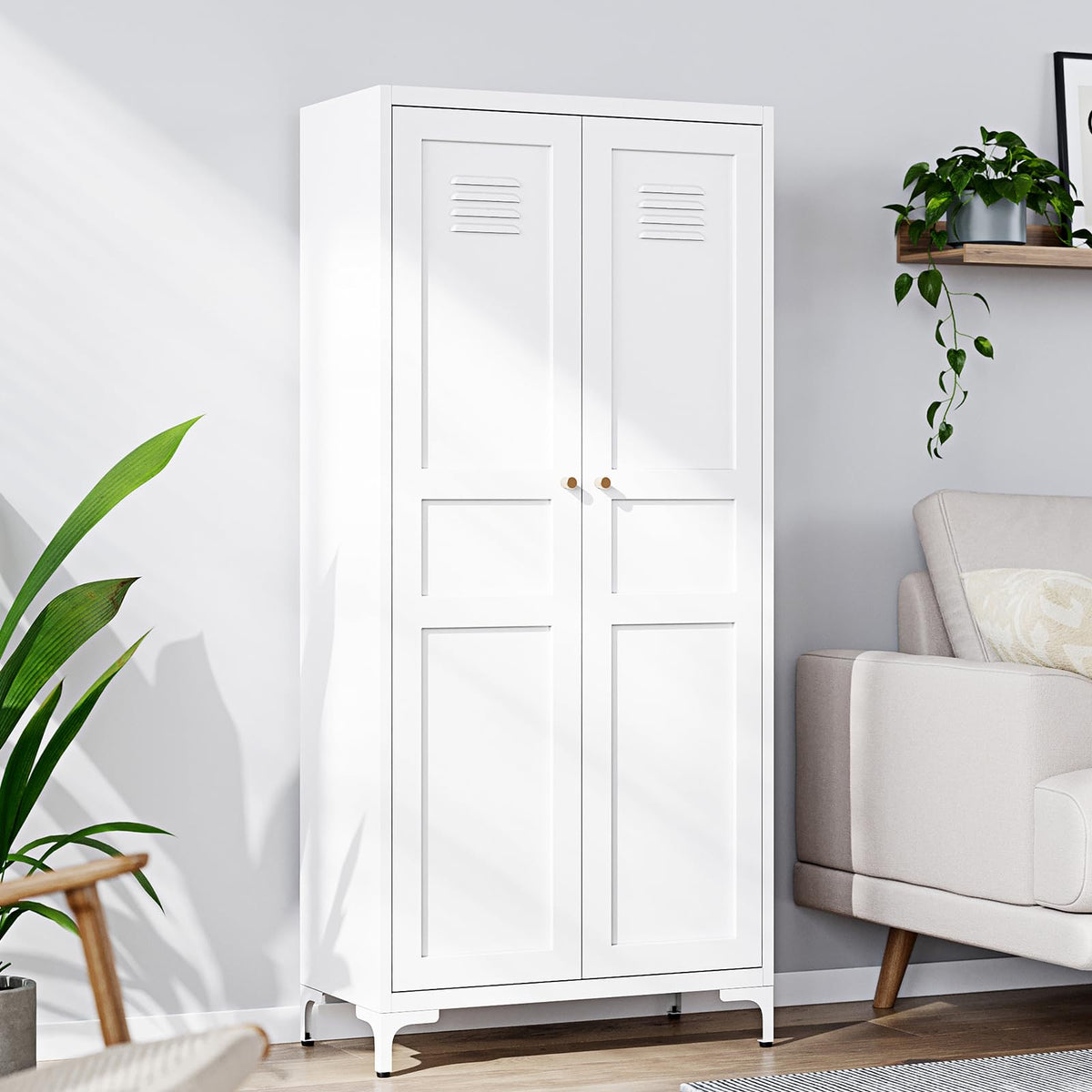 Yizosh Metal Storage Cabinet With 2 Doors And 4 Adjustable Shelves - 61'' White Kitchen Pantry Storage Cabinet, 5-Tier Tall Stee
