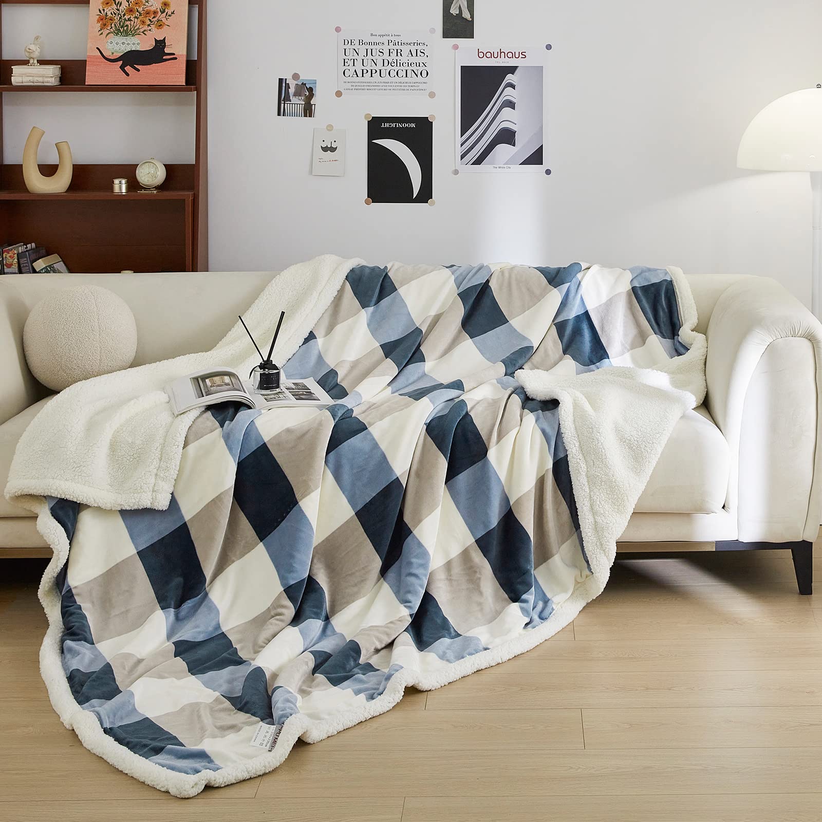 Pu Mei Sherpa Fleece Throw Blanket 80' X 90' Full/Queen Reversible Plush Fluffy Extra Large Big Blanket Lattice Flannel Blanke
