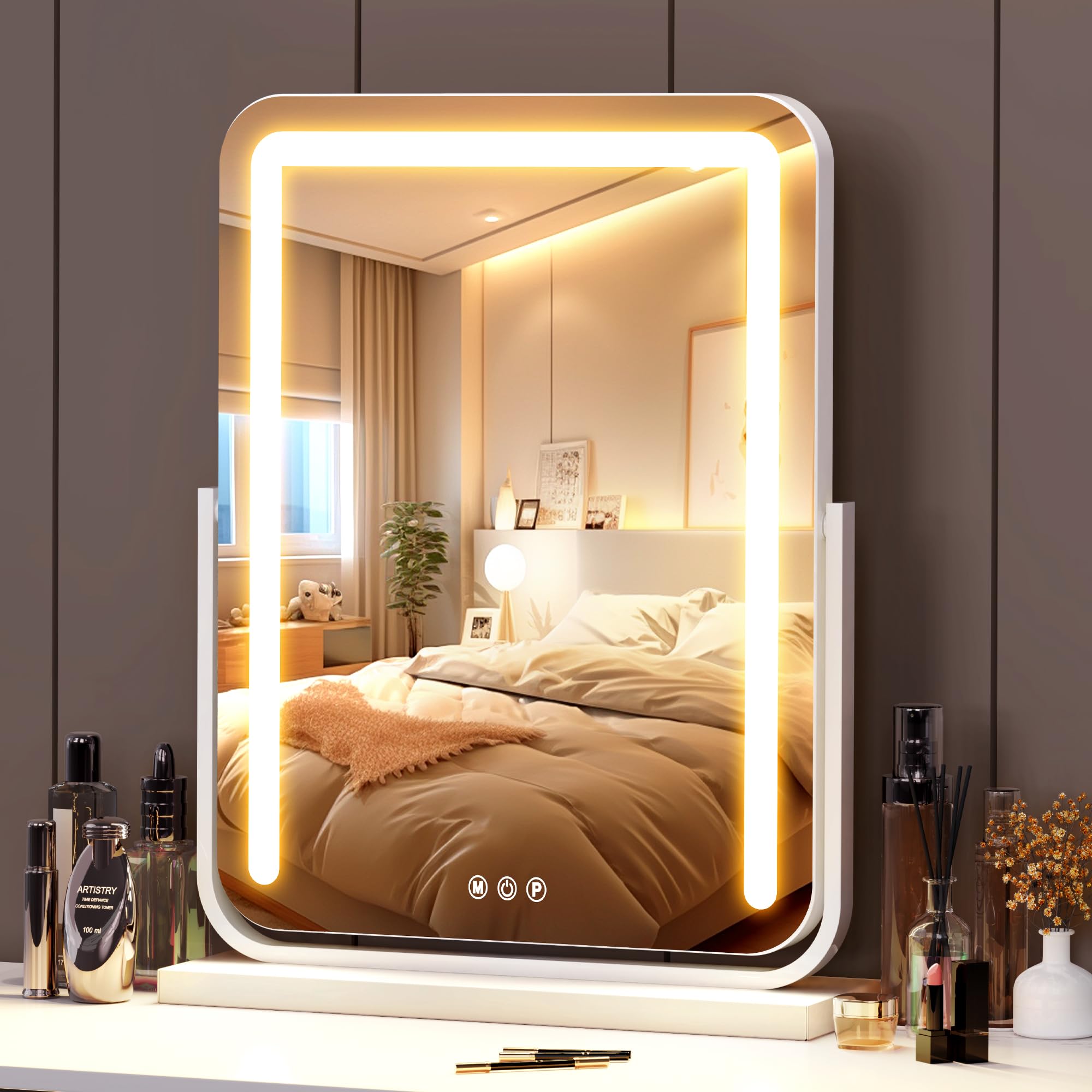 Lighted Makeup Mirror with Lights,Dimmable Touch Control Vanity Mirror for Desk/Bedroom,10X Magnifier & 360 Rotation,3 Color Mod