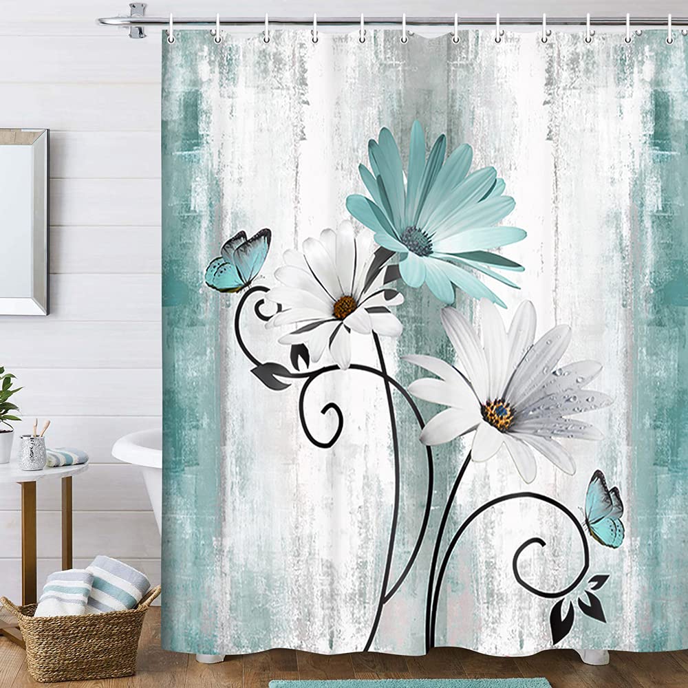 VeiVian Rustic Farmhouse Shower Curtain, Farm Teal Daisy Floral Flowers and Butterfly on Country Wooden Shower Curtain for Bathr