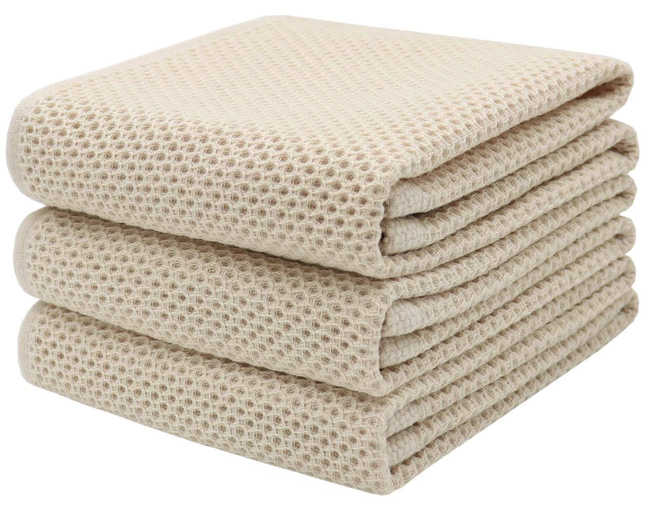 Mias Dream Soft Absorbent Cotton Waffle Weave Kitchen Dish Cloth Washcloth, 13x28 inch 3 Pack (Beige)