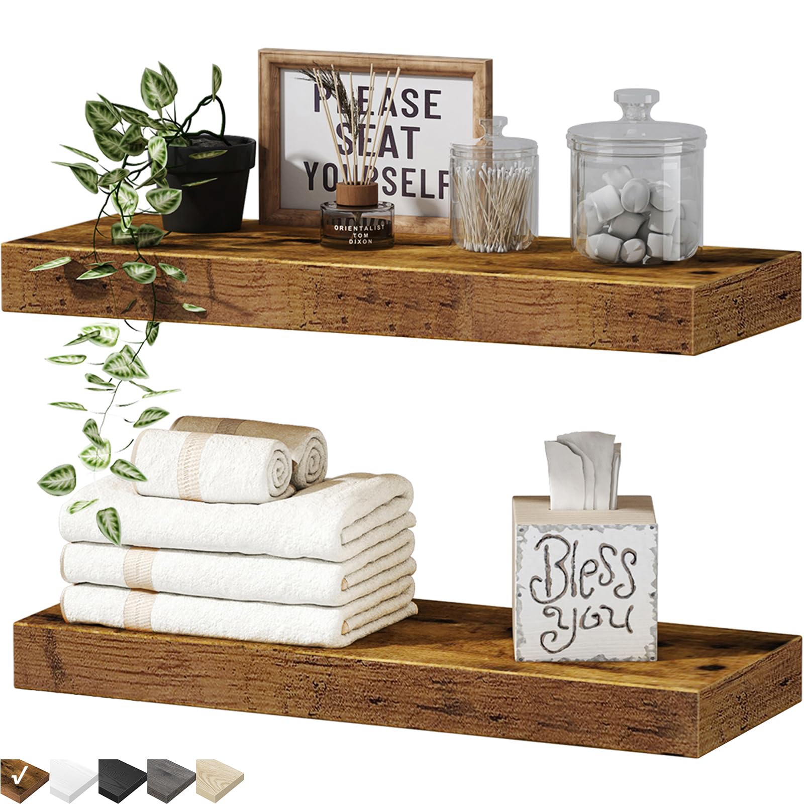 QEEIG Bathroom Floating Shelves for Wall - Shelf Over Toilet Small Wall Mounted Farmhouse Decor 16 inch Set of 2, Rustic Brown (