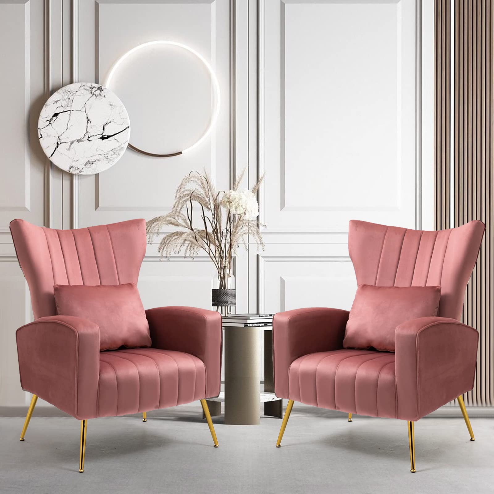 ZJhome Living Room Chairs Set of 2 Modern Velvet Accent Chairs with Lumbar Pillow, High Back Armchair Arm Chair with Gold Metal 