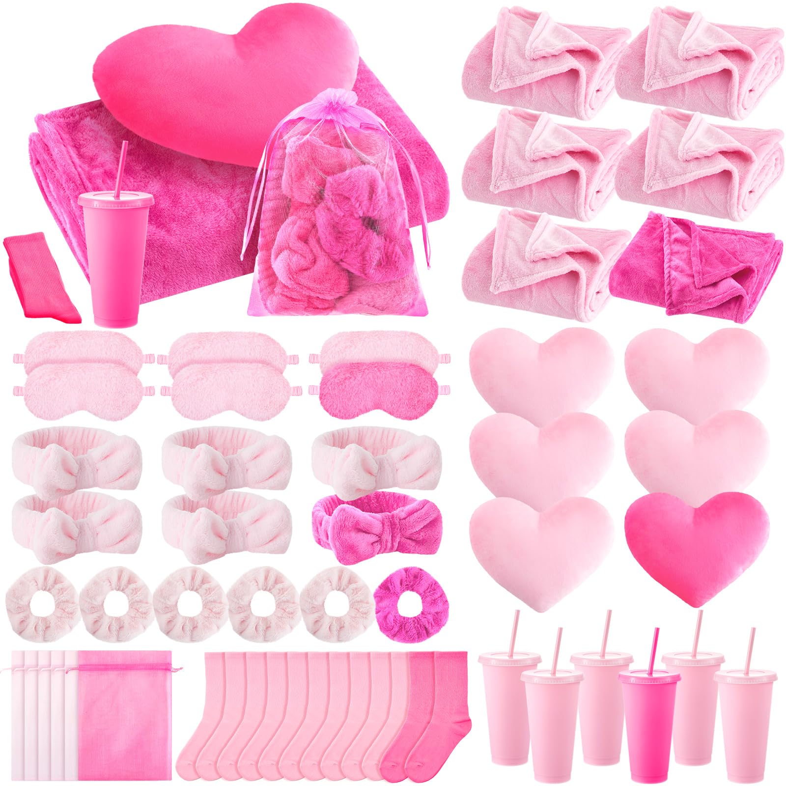 Fanfanwin 48 Pcs Sleepover Party Supplies Spa Birthday Slumber Pajamas Galentines Party Favors Coquette Throw Blanket Pillow Hea