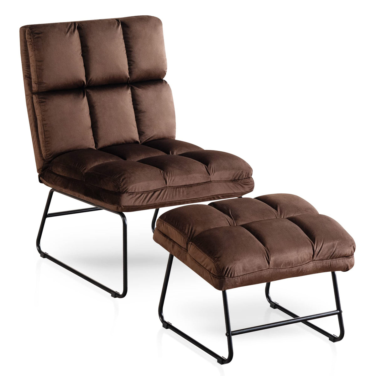 Mcombo Velvet Accent Chair With Ottoman Set, Modern Armless Chair For Living Room, Bedroom, Small Space 0014 (Velvet, Brown)
