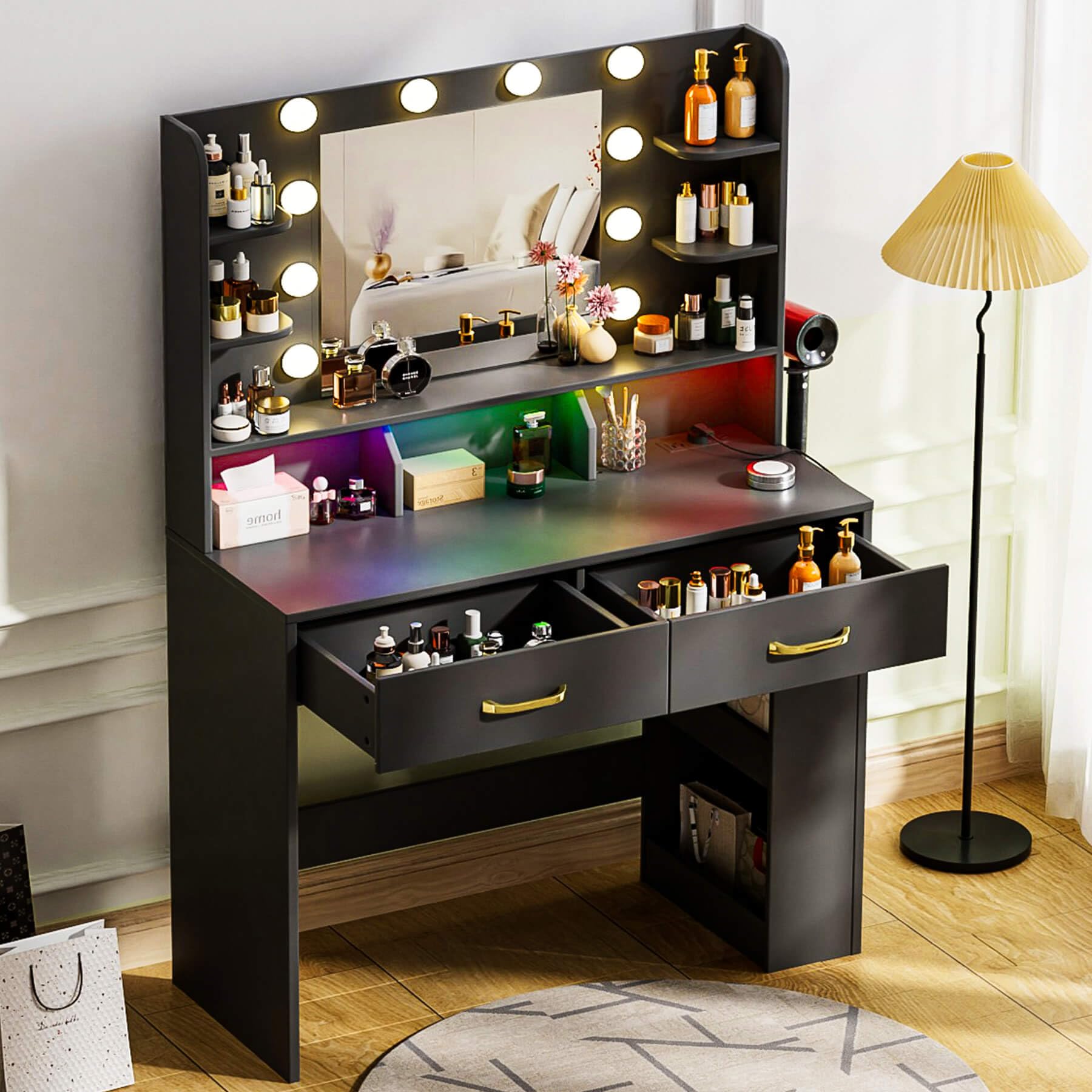 COMHOMA Vanity Desk with Lighted Mirror and Power Outlet, RGB LED Lights Makeup Vanity Set for Girls, Large Storage Capacity Dre