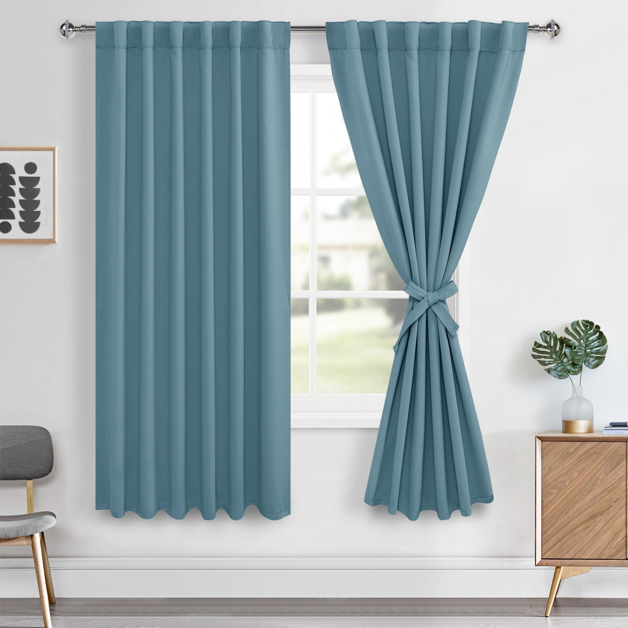 Hiasan Stone Blue Curtains 63 inch Long Sewn with Tiebacks, Rod Pocket & Back Tab Blackout Thermal Insulated Kids Drapes, Room D