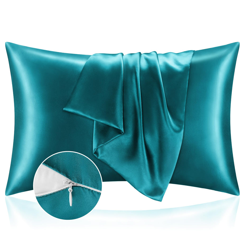 Bedelite Satin Pillowcase With Zipper, Teal Pillow Cases Queen Size Set Of 2, Super Soft And Cooling Similar To Silk Pillow Case