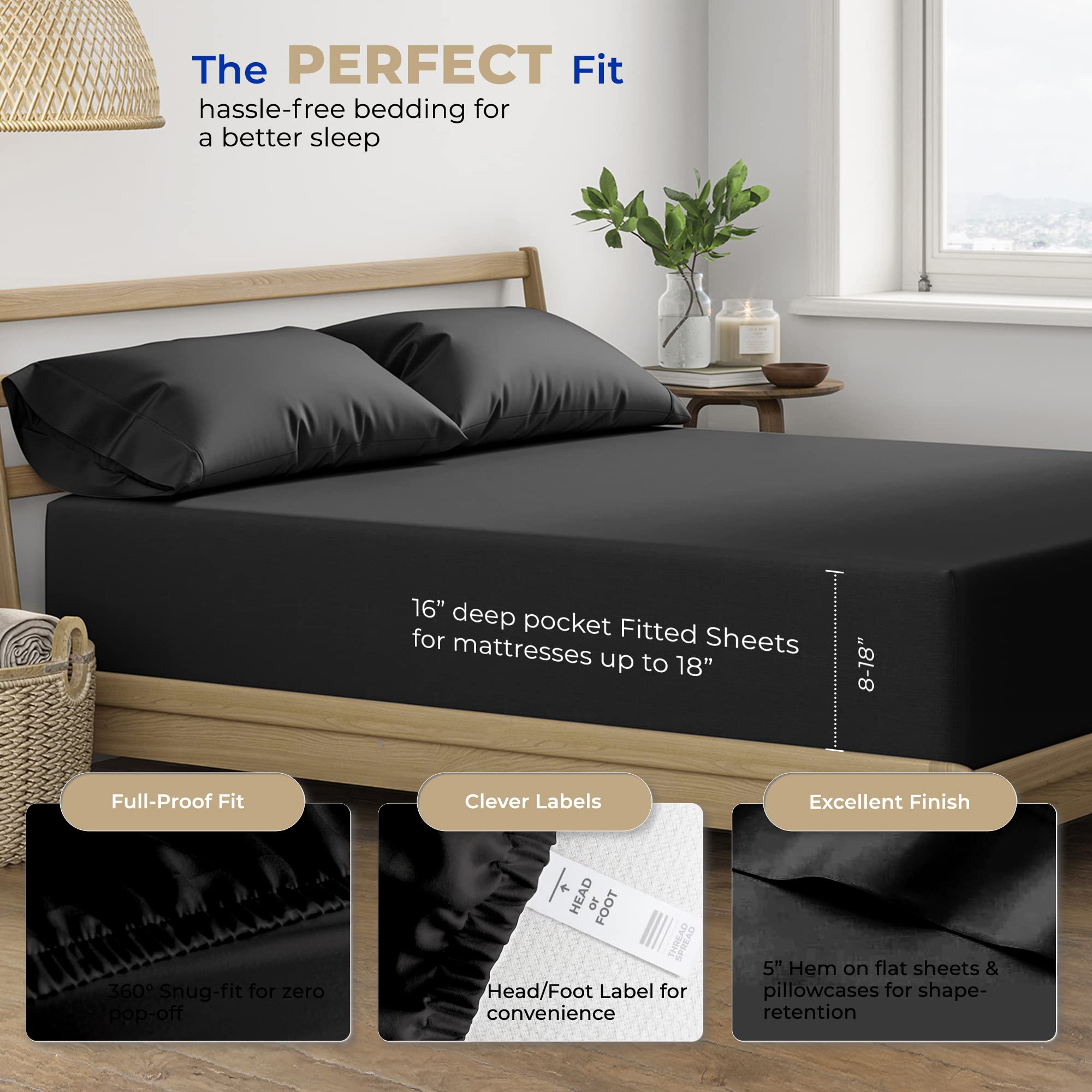 Thread Spread 100% Cotton Split King Sheets For Adjustable Bed - 400 Thread Count 5 Pc Sateen Split Sheet Set, Soft, Breathable Cooling Cotton Sheets - 16' Deep Pocket Split King Sheet (Black)