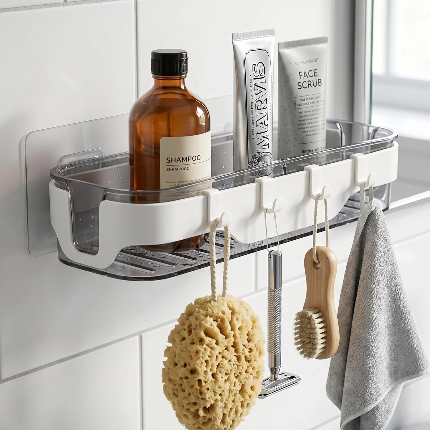Bathroom Wall Shelf Storage Organiser With Hooks