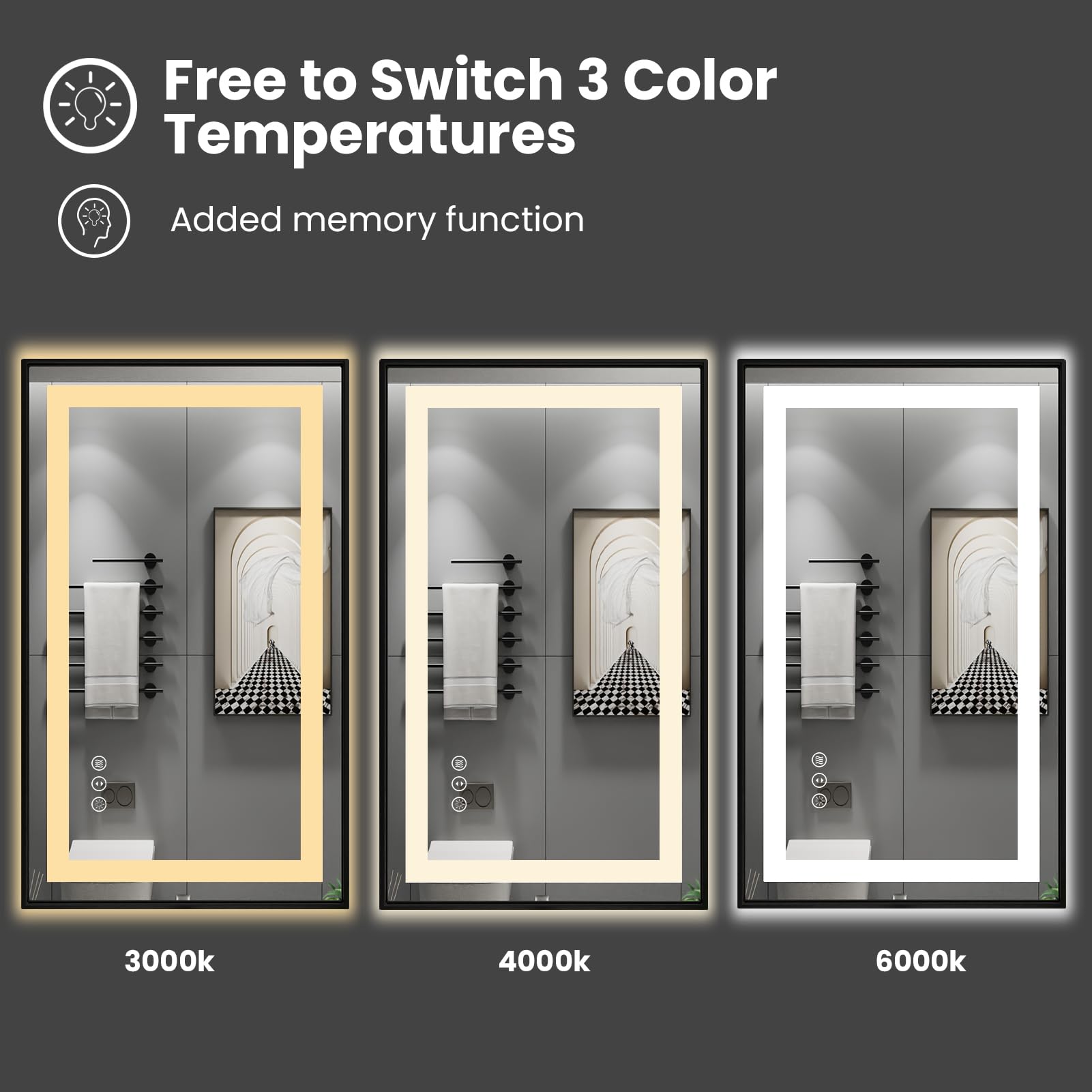 Amorho 60''X 40'' Led Bathroom Mirror Framed, Front Light And Backlit, Stepless Dimmable, Anti-Fog, Shatter-Proof, Memory, 3 Col