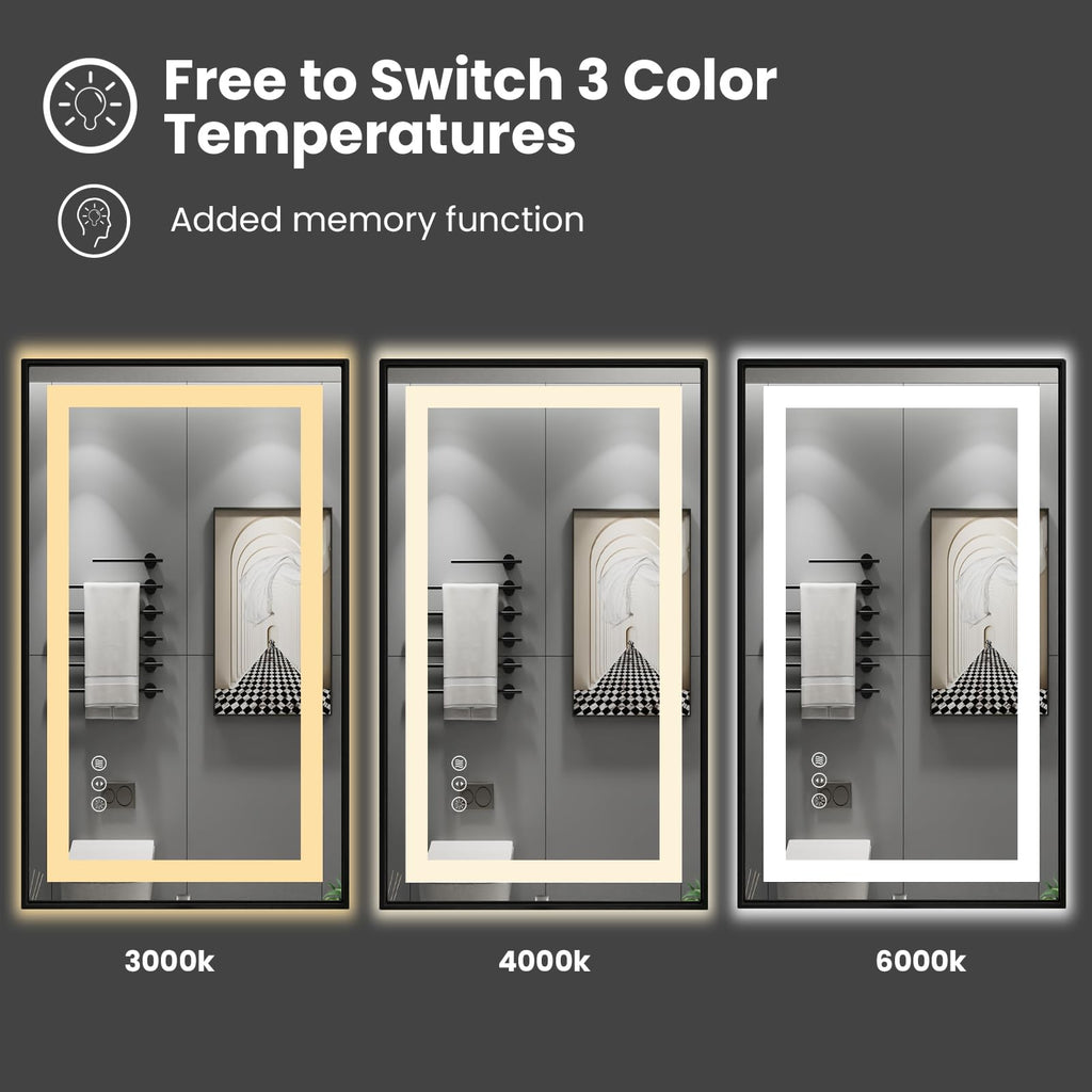 Amorho LED Bathroom Mirror 72"x36" Black Framed, Front Light and Backlit, Stepless Dimmable, Anti-Fog, Shatter-Proof, 3 Colors, Memory Function