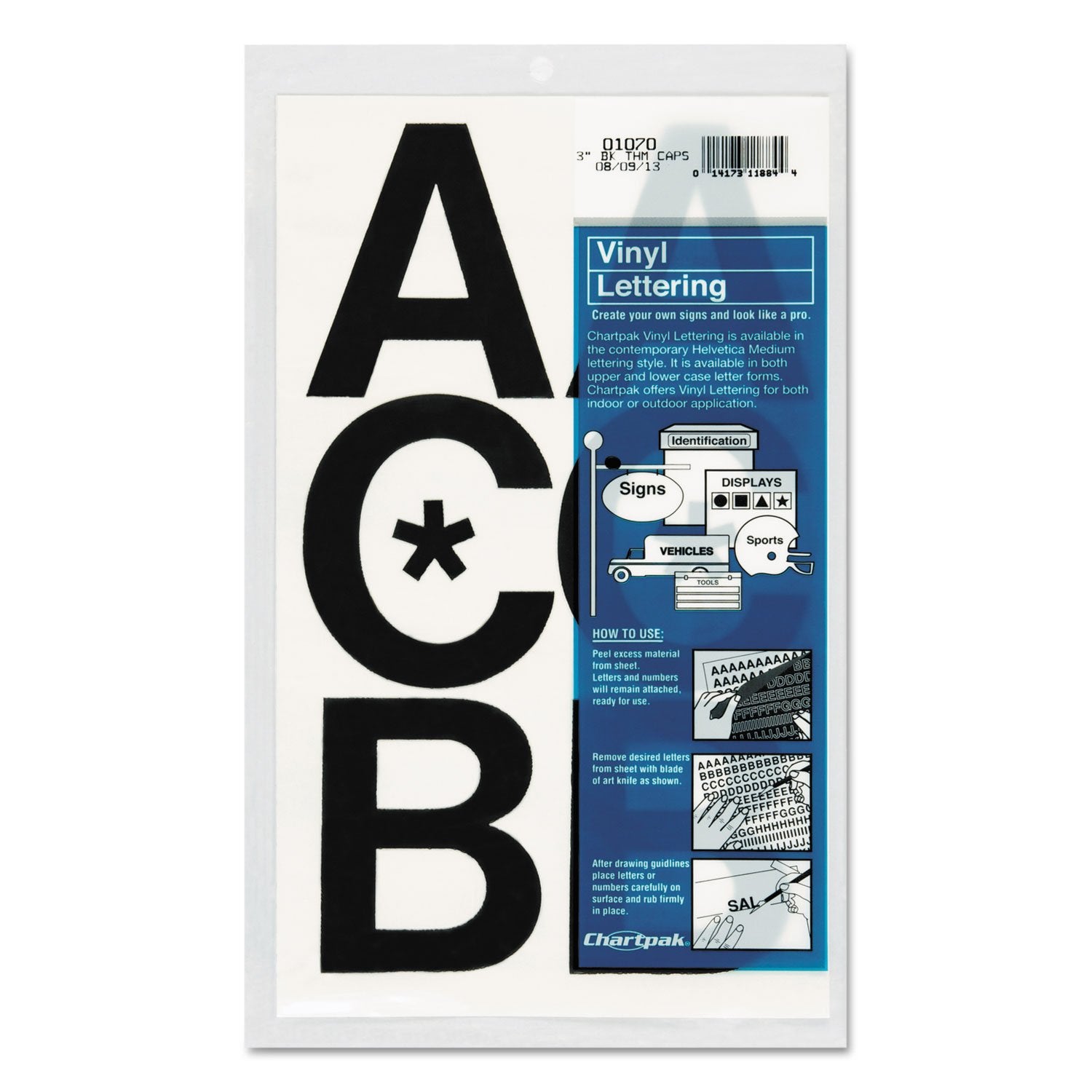 Chartpak 01070 Press-On Vinyl Uppercase Letters, Self Adhesive, Black, 3-Inch h, 50/Pack