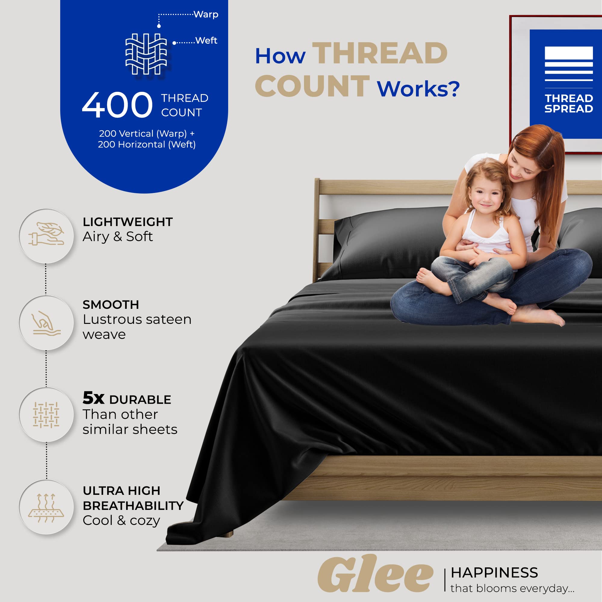 Thread Spread 100% Cotton King Size Sheets Set - 400 Thread Count 4 Pc Cotton Sheets For King Bed, Deep Pocket King Sheet Set For Hot Sleepers, Breathable Sheets King Size, Soft Cooling Sheets (Black)